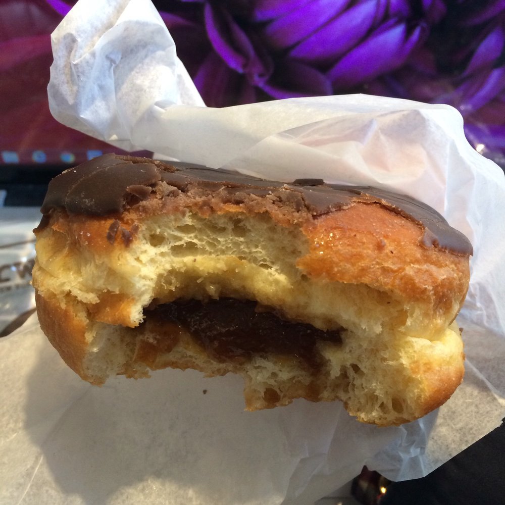 Orwashers - Chocolate donut with peach fillings ($4.25 no tax or included). Tasty, but tastes like apricot jam not peach. - Bakeries Near Me - New York, New York Orwashers - Chocolate donut with peach fillings ($4.25 no tax or included). Tasty, but tastes like apricot jam not peach. - Bakeries Near Me - New York, New York
