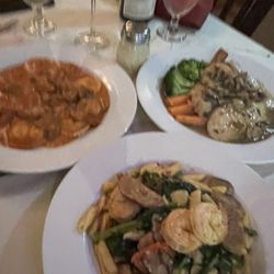 Primavera Italian Cuisine - Lobster ravioli, chicken Marsala, pasta with shrimp, sausage, and broccoli-rab.
