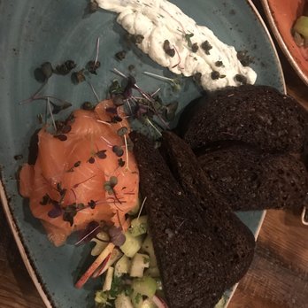 OBC Kitchen - Smoked salmon with herb cream cheese, capers, water cress, and VERY hard pumpernickel - Salad Near Me - Lexington, Kentucky