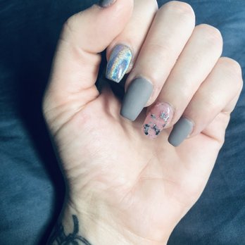 Glossi Nail Bar - my amazing matte grey nails with opal chrome and a sparkle added! - Nail Salons Near Me - Colma, California