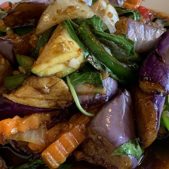 Thai Thai Restaurant - SPICY EGGPLANT (eggplant stir-fried with basil, garlic, zucchini, carrots, bell peppers, onions, and Thai chilies) with steamed Jasmine rice - Thai Near Me - Oceanside, California Thai Thai Restaurant - SPICY EGGPLANT (eggplant stir-fried with basil, garlic, zucchini, carrots, bell peppers, onions, and Thai chilies) with steamed Jasmine rice - Thai Near Me - Oceanside, California