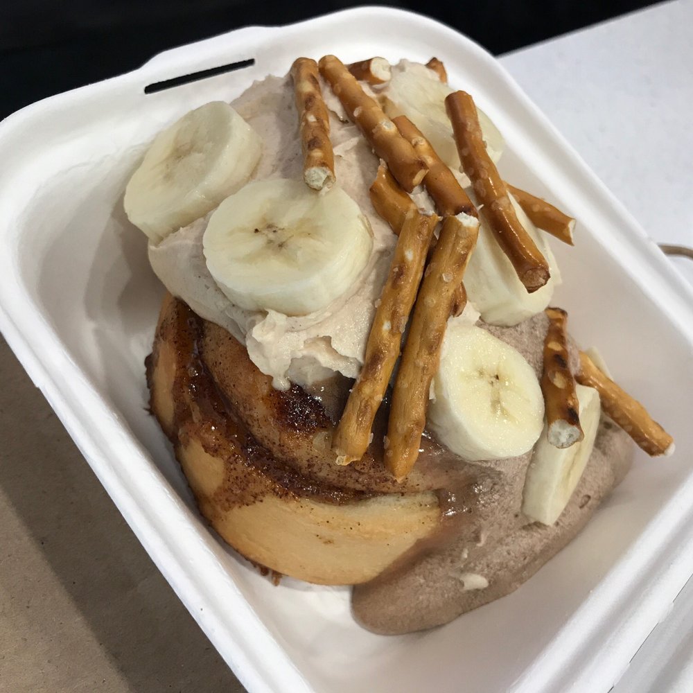 Cinnaholic - PB & chocolate frosting w/ bananas and pretzels - Bakeries Near Me - Toronto, Ontario Cinnaholic - PB & chocolate frosting w/ bananas and pretzels - Bakeries Near Me - Toronto, Ontario