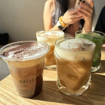 Modu Cafe - (3) modu lattes and (1) matcha latte - Coffee & Tea Near Me - Los Angeles, California