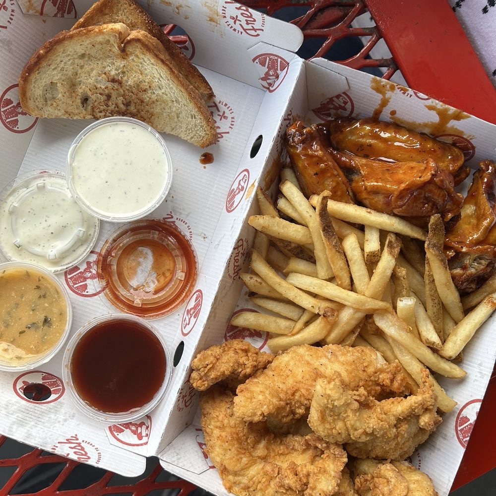 5 & 5 Meal  5 tenders, 5 Wings, Fries, Toast Garlic Parm, Ranch, and Honey BBQ