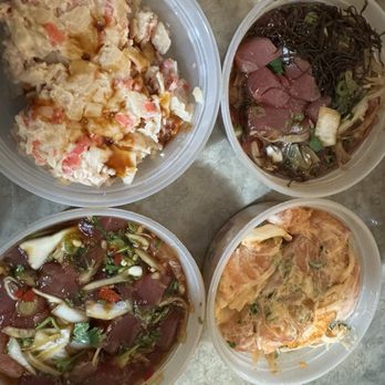 Ry's Poke Shack - 01/31/2025 Clockwise starting top left: carb surimi salad $3, 1/2 pound of ahi limu, salmon spicy tobiko, ahi lao style (spicy) $16.50 - Hawaiian Near Me - Pasadena, California