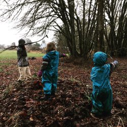 Fern & Feather Forest School - On top of "The Mountain" we use our hand to make binoculars and lookout to 'see what we can see'.