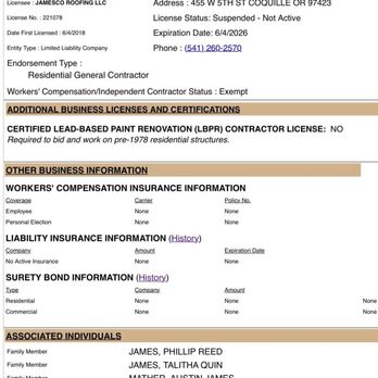JamesCo Roofing - CCB Public Record Buisness Details - Roofing Near Me - Coquille, Oregon