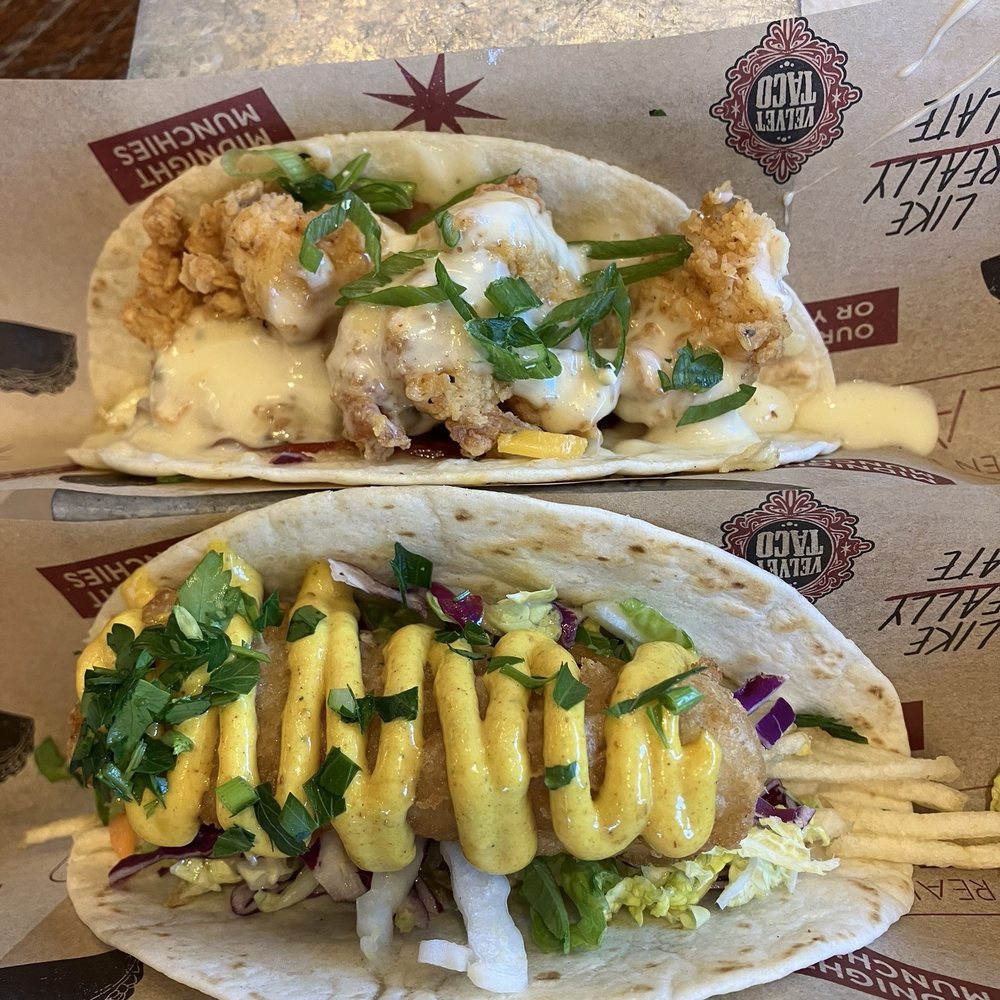 Velvet Taco - Top taco of month chic cordon blue. Bottom fish and chip taco - New American Near Me - Grapevine, Texas