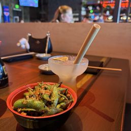 spicy charred edamame, and a cocktail with popping Boba