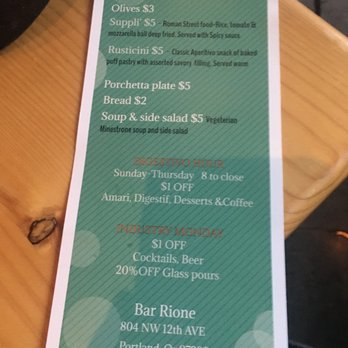 Bar Rione - HH food menu - Cocktail Bars Near Me - Portland, Oregon