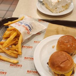 Sliders meal with a slice of coconut creme pie
