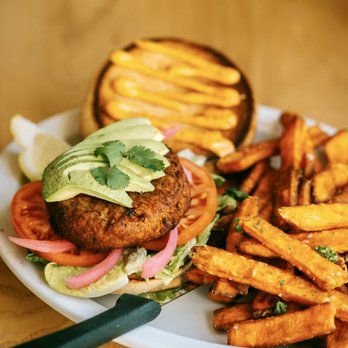 Juniper on Main - Crab-Cake Sandwich with Sweet Potato Fries - Southern Near Me - Carmel, Indiana Juniper on Main - Crab-Cake Sandwich with Sweet Potato Fries - Southern Near Me - Carmel, Indiana
