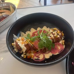 Elote Potato Fritters, corn salad, cotija dressing Elote Potato Fritters, corn salad, cotija dressing