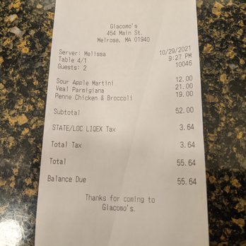 Giacomo's - the receipt for the restaurant - Italian Near Me - Melrose, Massachusetts
