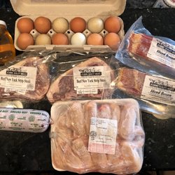 Kearns Quality Meats - Honey, Farm fresh eggs, New York Strips, Bacon, Ground Beef, and some Chicken Wings.