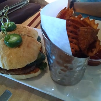 Root Down DIA - Turkey burger bahn mi and waffle fries. Yummy - New American Near Me - Denver, Colorado