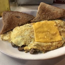 Sausage, Mushroom, Onion and Cheese Omelette with Wheat Toast.