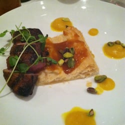 Wood grilled duck breast with ginger apricot tart, golden beet, pistachio
