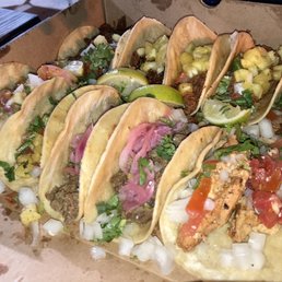 Tacos: chicken, steak, al pastor, chorizo, shrimp Tacos: chicken, steak, al pastor, chorizo, shrimp