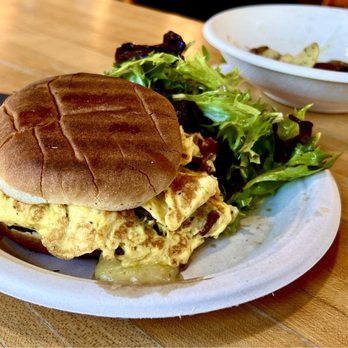 Hash - Bacon, egg and cheddar cheese on a fresh-baked roll, served with side salad (and more of those roasted potatoes)... - Breakfast & Brunch Near Me - Stone Ridge, New York