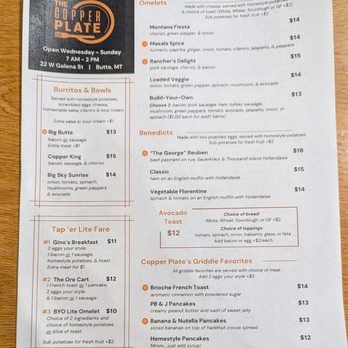 The Copper Plate - Menu as of 6/5/25 - Breakfast & Brunch Near Me - Butte, Montana