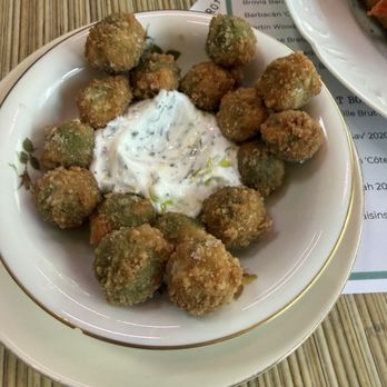 Terroir - Fried olives with a yogurt dip. - Salad Near Me - Boise, Idaho Terroir - Fried olives with a yogurt dip. - Salad Near Me - Boise, Idaho
