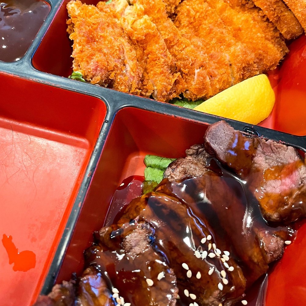 Bashamichi Sushi and Bar - Chicken Katsu and Beef Teriyaki in bento box - Japanese Near Me - Millbrae, California Bashamichi Sushi and Bar - Chicken Katsu and Beef Teriyaki in bento box - Japanese Near Me - Millbrae, California