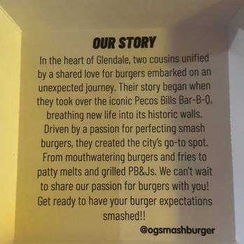 OG Smash Burger - In the box you get to read their story! - Burgers Near Me - Glendale, California