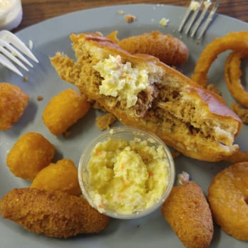 Tarheel Bar-B-Q - Corn nuggets, bbq, slaw, hush puppies and onion rings. Yum! - Barbeque Near Me - Eure, North Carolina Tarheel Bar-B-Q - Corn nuggets, bbq, slaw, hush puppies and onion rings. Yum! - Barbeque Near Me - Eure, North Carolina