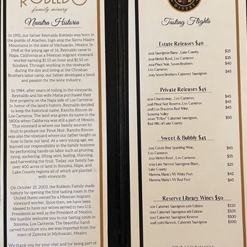 Robledo Family Winery - Robledo Family Winery history and Tasting Flights menu as of our 3/7/24 visit. - Wineries Near Me - Sonoma, California