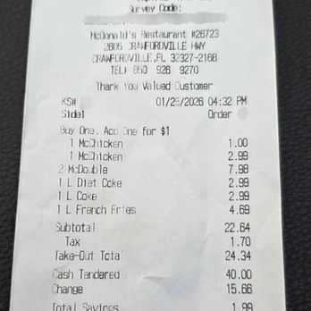 McDonald's - McDonalds receipt reflecting 2 Mcdouble burger for $8.00 when they are usually one the dollar or two dollar menu. - Fast Food Near Me - Crawfordville, Florida McDonald's - McDonalds receipt reflecting 2 Mcdouble burger for $8.00 when they are usually one the dollar or two dollar menu. - Fast Food Near Me - Crawfordville, Florida