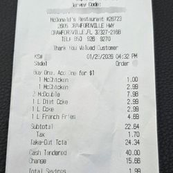 McDonald's - McDonalds receipt reflecting 2 Mcdouble burger for $8.00 when they are usually one the dollar or two dollar menu.