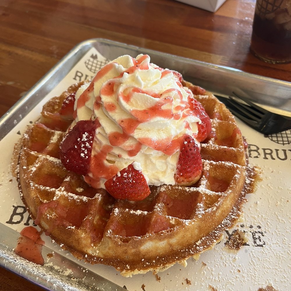 Bruxie - STRAWBERRIES AND WHIPPED CREAM WAFFLE...bomb.com!!!! So soft crispy on the side w/fresh strawberries and syrup - Sandwiches Near Me - Orange, California