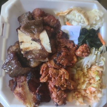 Kim Chee Restaurant 7 - 3 combination; big bone kalbi, spicy pork and mochiko chicken. - Korean Near Me - Aiea, Hawaii