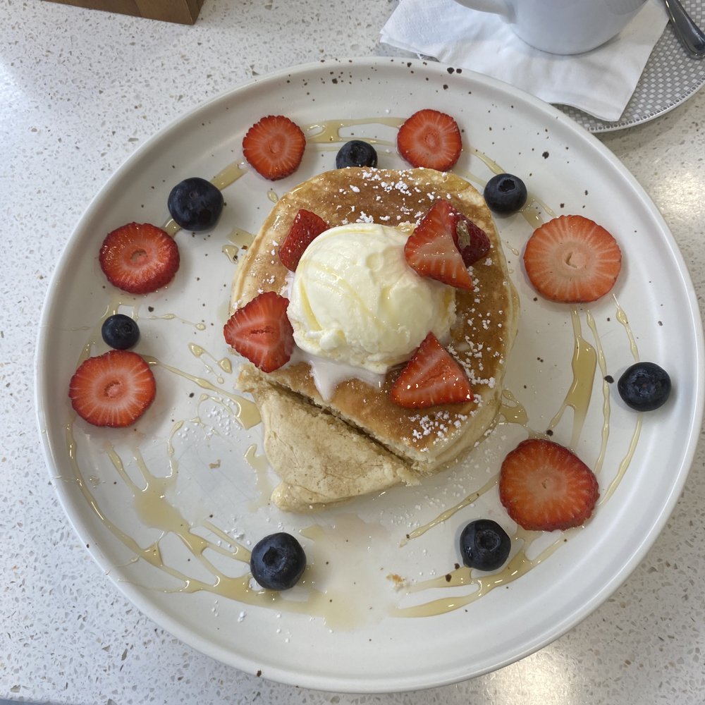Wine Country Cafe - Ricotta Pancakes (with a bite taken out haha) - Coffee & Tea Near Me - Pokolbin, NSW