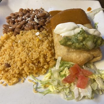 Casa Baeza Mexican Restaurant - Chimichanga with chicken and red sauce. This was yummy! Didn't end up finishing the whole plate. - Mexican Near Me - Truckee, California
