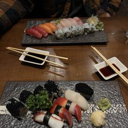 Hoshi Sushi & Hibachi - Octopus Red Clam Scallop Salmon Tobiko Sushi Deluxe (9 Pieces) & Spicy Tuna Roll