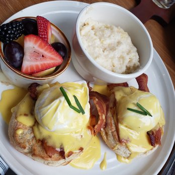 Daily Gather - Cheesy Bacon Benedict - sauce was a little too lemony. Subbed grits for potatoes $16 - Breakfast & Brunch Near Me - Houston, Texas Daily Gather - Cheesy Bacon Benedict - sauce was a little too lemony. Subbed grits for potatoes $16 - Breakfast & Brunch Near Me - Houston, Texas