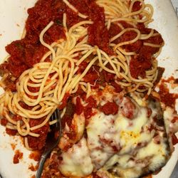 Pamendis Italian Grill - Pasta with diced tomatoes and soggy Eggplant Parmesan