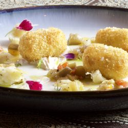 The Fig And The Pheasant - Seafood Croquettes with Pineapple Gastrique, Vegetable Relish, and Smoked Paprika Oil