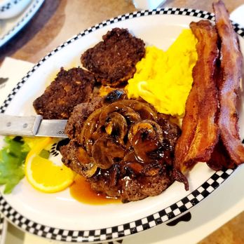 Black Bear Diner Independence - My Chopped Steak & Eggs meal with a side of Italian Hot Patties and Bacon without potatoes! - Diners Near Me - Independence, Missouri