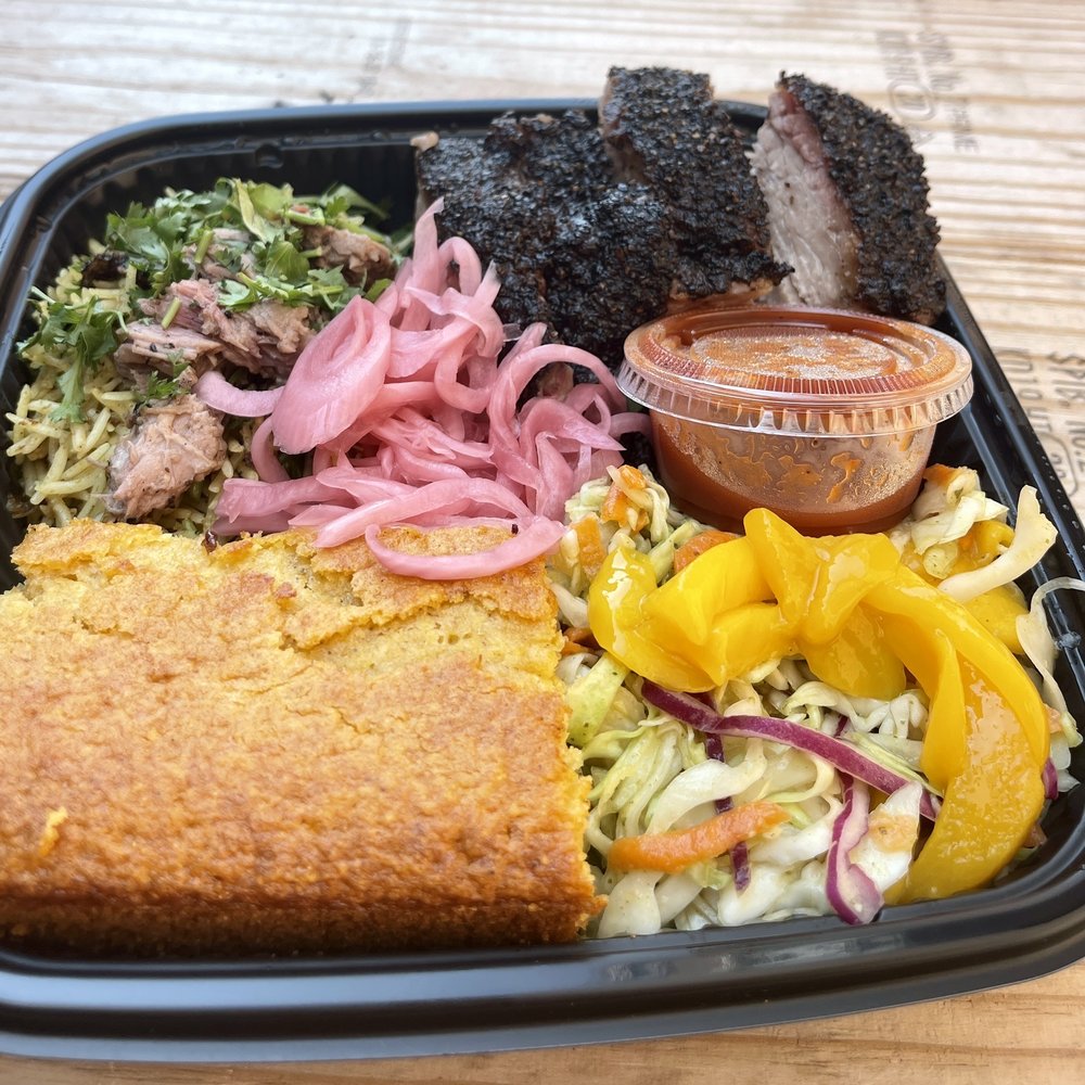 Southern Junction - Yummy brisket, biriyani rice, mango slaw, cardamom cornbread, pickled red onions, bbq sauce - Indian Near Me - Buffalo, New York Southern Junction - Yummy brisket, biriyani rice, mango slaw, cardamom cornbread, pickled red onions, bbq sauce - Indian Near Me - Buffalo, New York