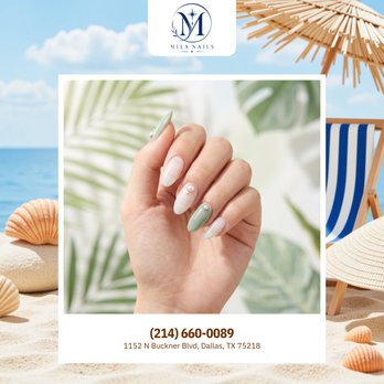 Nail Star - Soft sage green alternates with a milky white base coat. Glistening gold rimmed pearl studs add a premium beachside finish. Book today! - Nail Salons Near Me - Dallas, Texas Nail Star - Soft sage green alternates with a milky white base coat. Glistening gold rimmed pearl studs add a premium beachside finish. Book today! - Nail Salons Near Me - Dallas, Texas