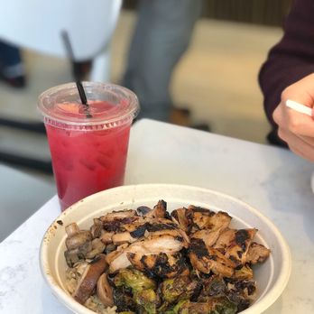 Som Bo - Lemongrass Chicken with Brown Rice + Wild Mushrooms & Charred Brussel Sprouts. Drink is a yummy lychee hibiscus tea! - Asian Fusion Near Me - New York, New York Som Bo - Lemongrass Chicken with Brown Rice + Wild Mushrooms & Charred Brussel Sprouts. Drink is a yummy lychee hibiscus tea! - Asian Fusion Near Me - New York, New York