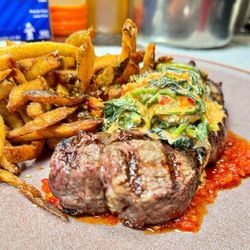 Juniper - Steak Frites with creamy spinach