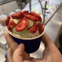 Ice Cream Jubilee - Strawberry matcha latte ice cream with dried strawberries on top