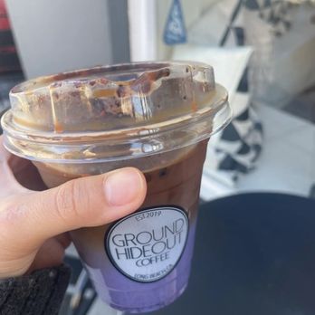 Ground Hideout Coffee - blueberry latte with non fat milk (do not recommend the coffee at all, it was sour, blueberry milk was yum though) - Coffee & Tea Near Me - Long Beach, California