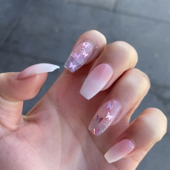 Sunset Nails - Pink and white ombré nails with butterflies! - Nail Salons Near Me - San Francisco, California