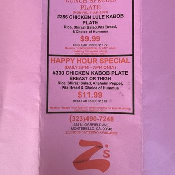 Z’s - Menu - Mediterranean Near Me - Montebello, California