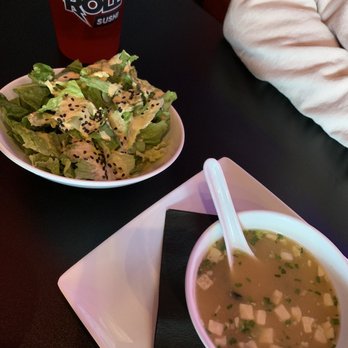 Rock N Roll Sushi - Miso soup and salad w/ ginger sauce - Sushi Bars Near Me - Murfreesboro, Tennessee Rock N Roll Sushi - Miso soup and salad w/ ginger sauce - Sushi Bars Near Me - Murfreesboro, Tennessee